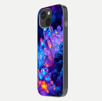 Neon Aura Shards Glass Case for iPhone 15 side-angle image showing light depth and glossy contrast