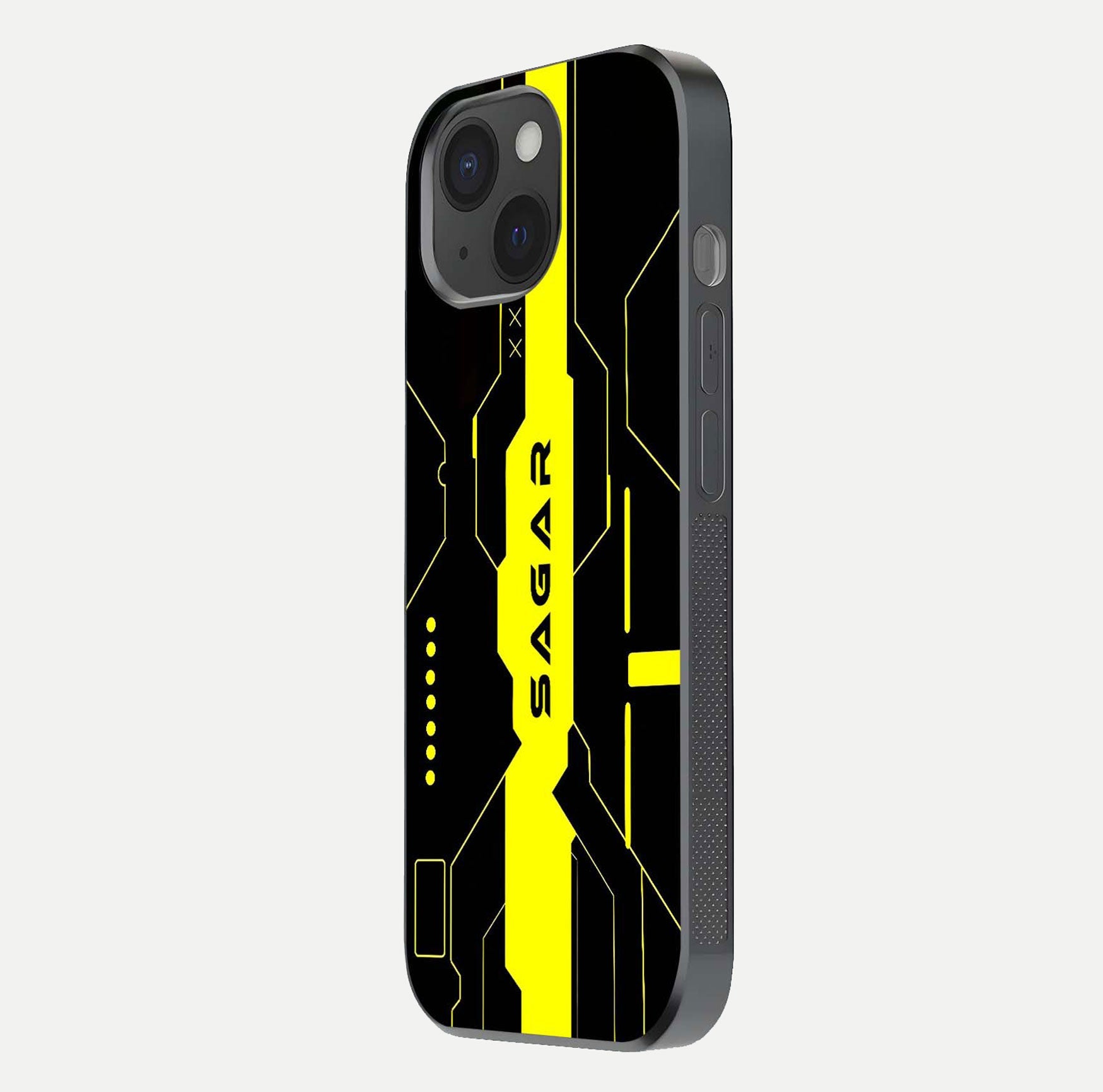 Neon CYBERPUNK Custom Name Glass Case for iPhone 15 side-angle image showing glow depth and bold print