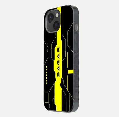 Neon CYBERPUNK Custom Name Glass Case for iPhone 15 side-angle image showing glow depth and bold print