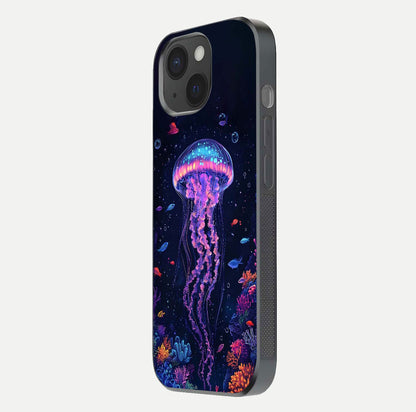 Neon Jellyfish Glass Case for iPhone 15 side-angle image showing reflection and oceanic light detailing