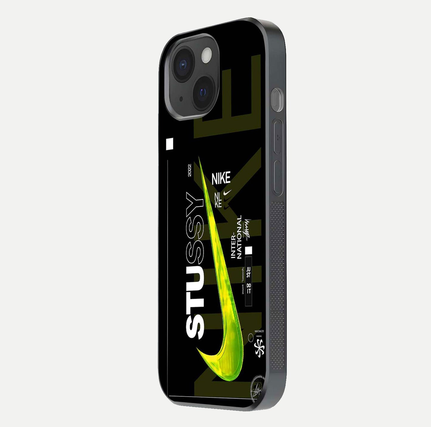 Neon Street Edition Glass Case for iPhone 15 side-angle image showing reflection depth and modern tones