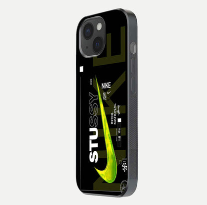 Neon Street Edition Glass Case for iPhone 15 side-angle image showing reflection depth and modern tones