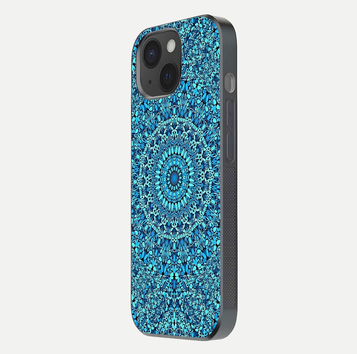 Ocean Bloom Mandala Glass Case for iPhone 15 side-angle image showing reflection and detailed floral pattern