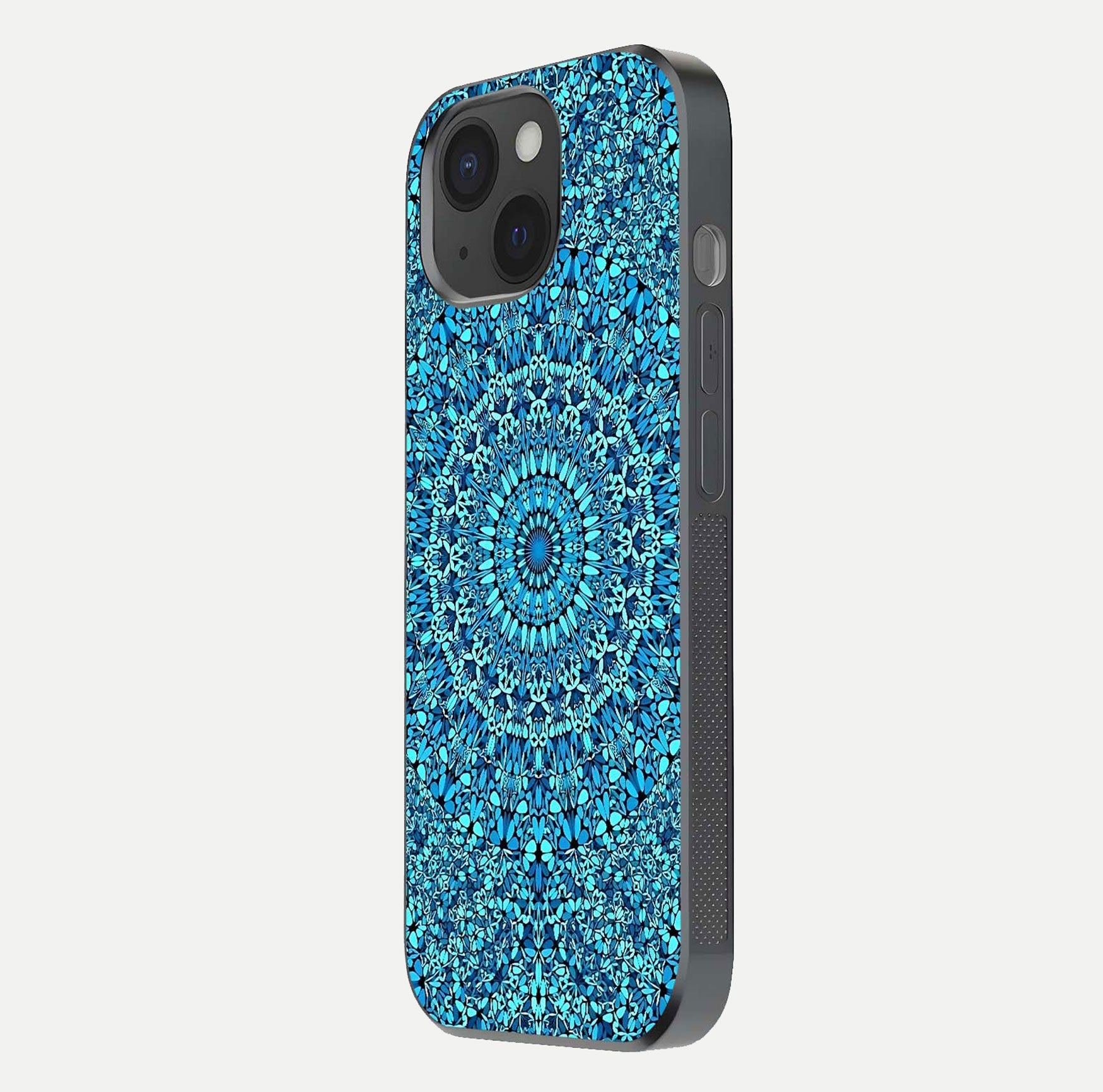 Ocean Bloom Mandala Glass Case for iPhone 15 side-angle image showing reflection and detailed floral pattern