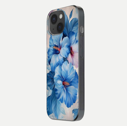 Ocean Hibiscus Grace Glass Case for iPhone 15 side-angle image showing smooth texture and hibiscus details