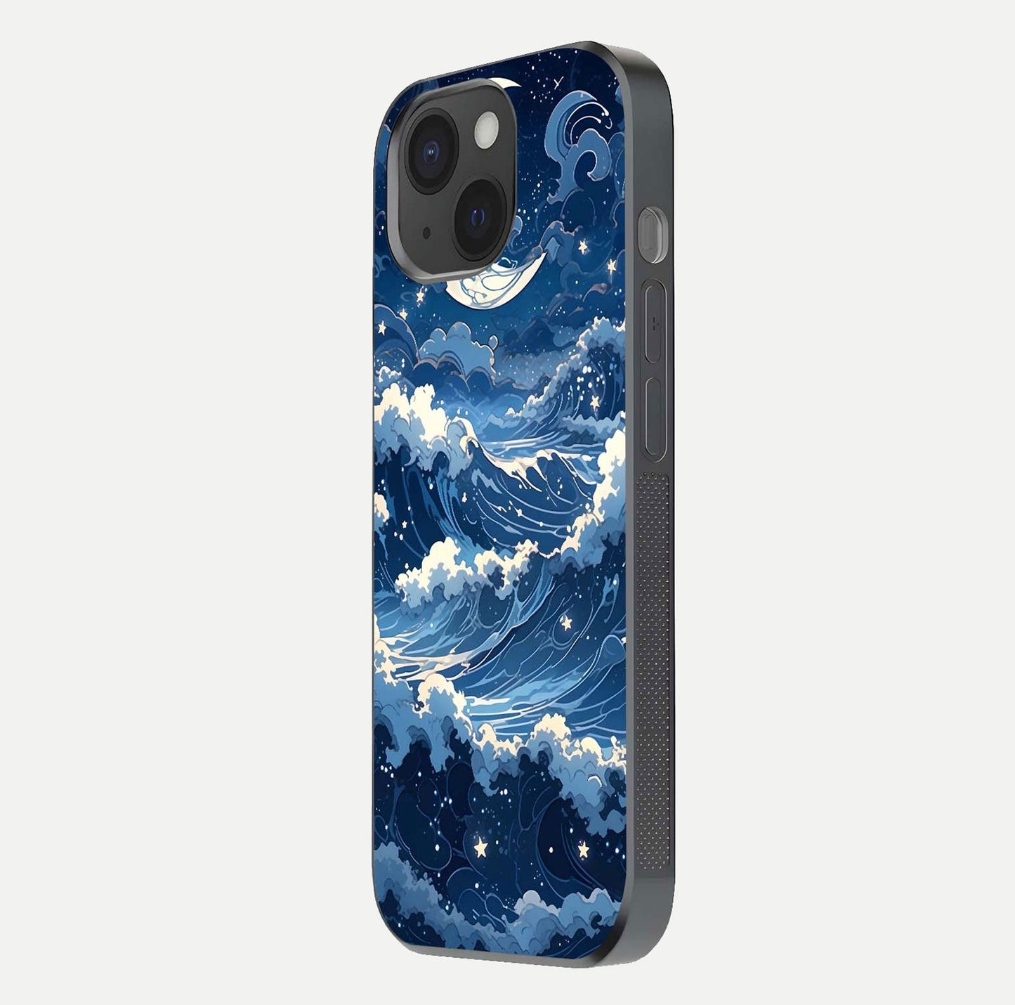 Ocean Moon Waves Glass Case for iPhone 15 side-angle image showing shine and ocean gradient tones
