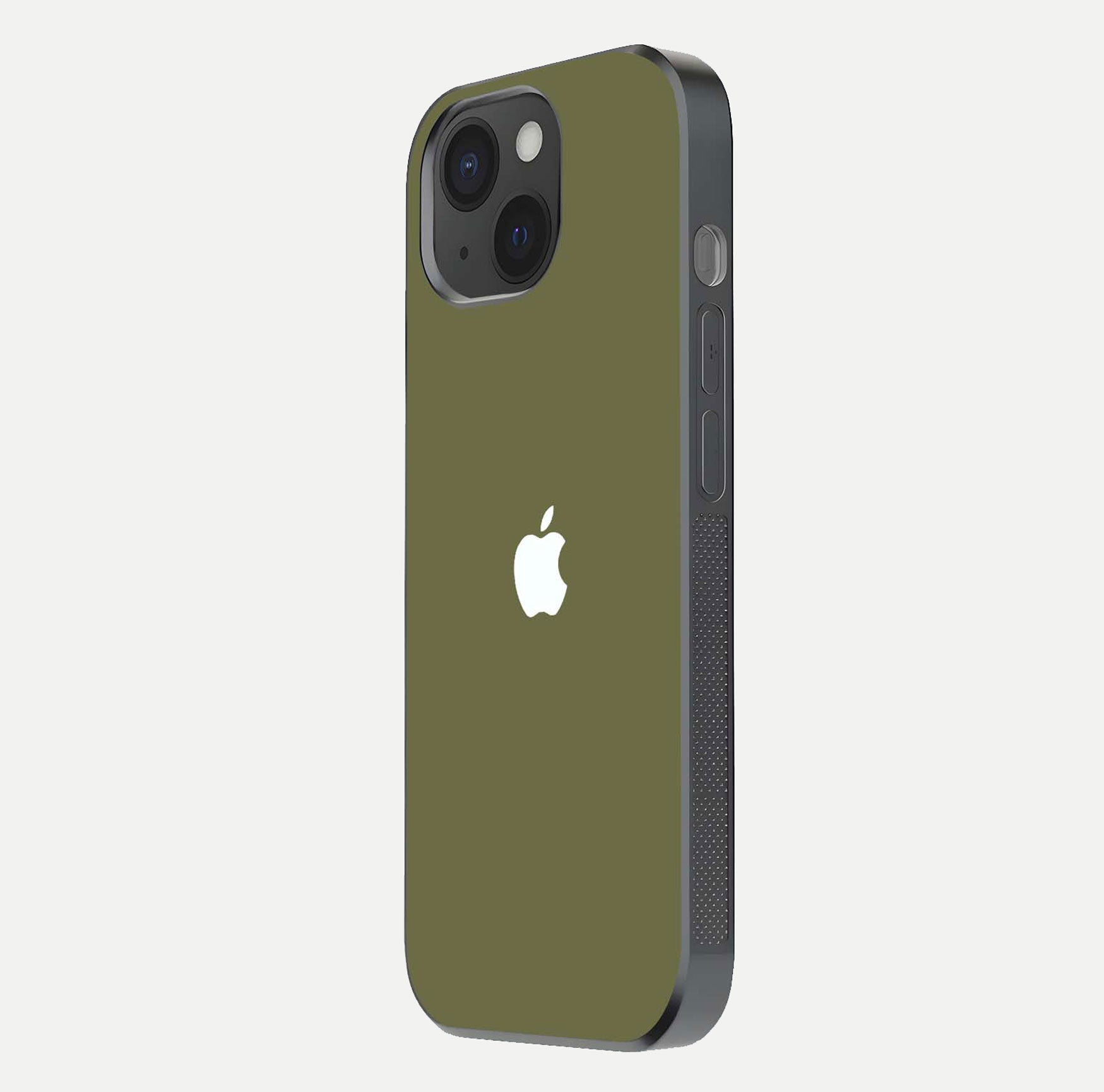 Olive Matte Essence Glass Case for iPhone 15 side-angle image showing soft hue and elegant smooth surface