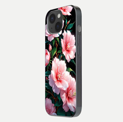 Peach Flower Glass Case for iPhone 15 side-angle image showing gloss depth and peach blossom detail