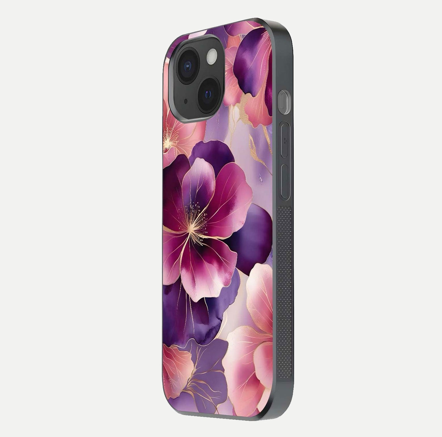 Pink Bouquet Florals Glass Case for iPhone 15 side-angle image showing floral texture and reflection clarity