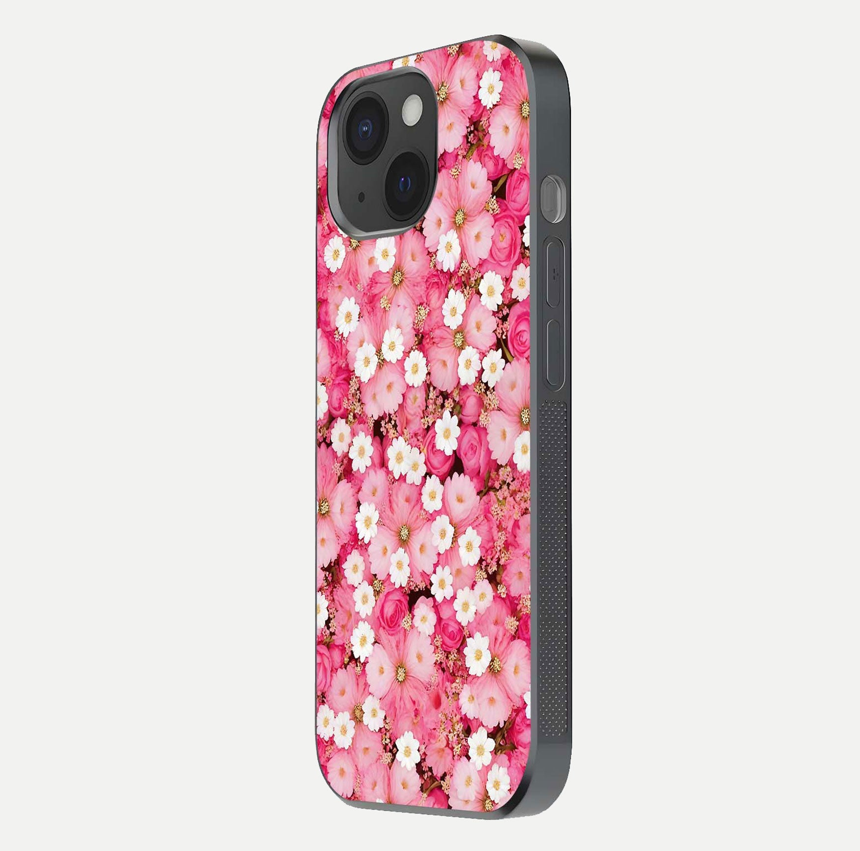 Pink Daisy Bliss Glass Case for iPhone 15 side-angle image showing delicate daisy pattern and glass reflection