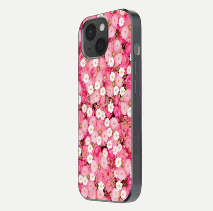 Pink Daisy Bliss Glass Case for iPhone 15 side-angle image showing delicate daisy pattern and glass reflection