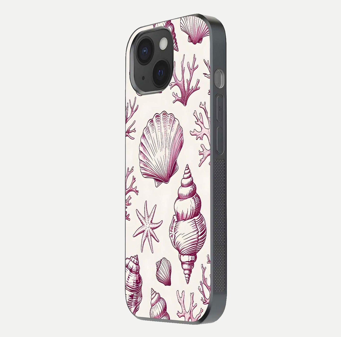 Pink Shells Outline Glass Case for iPhone 15 side-angle image showing shine and intricate outline texture