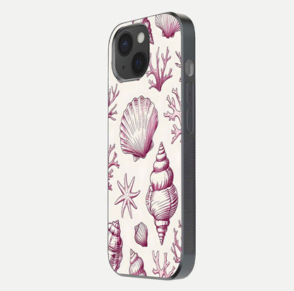 Pink Shells Outline Glass Case for iPhone 15 side-angle image showing shine and intricate outline texture