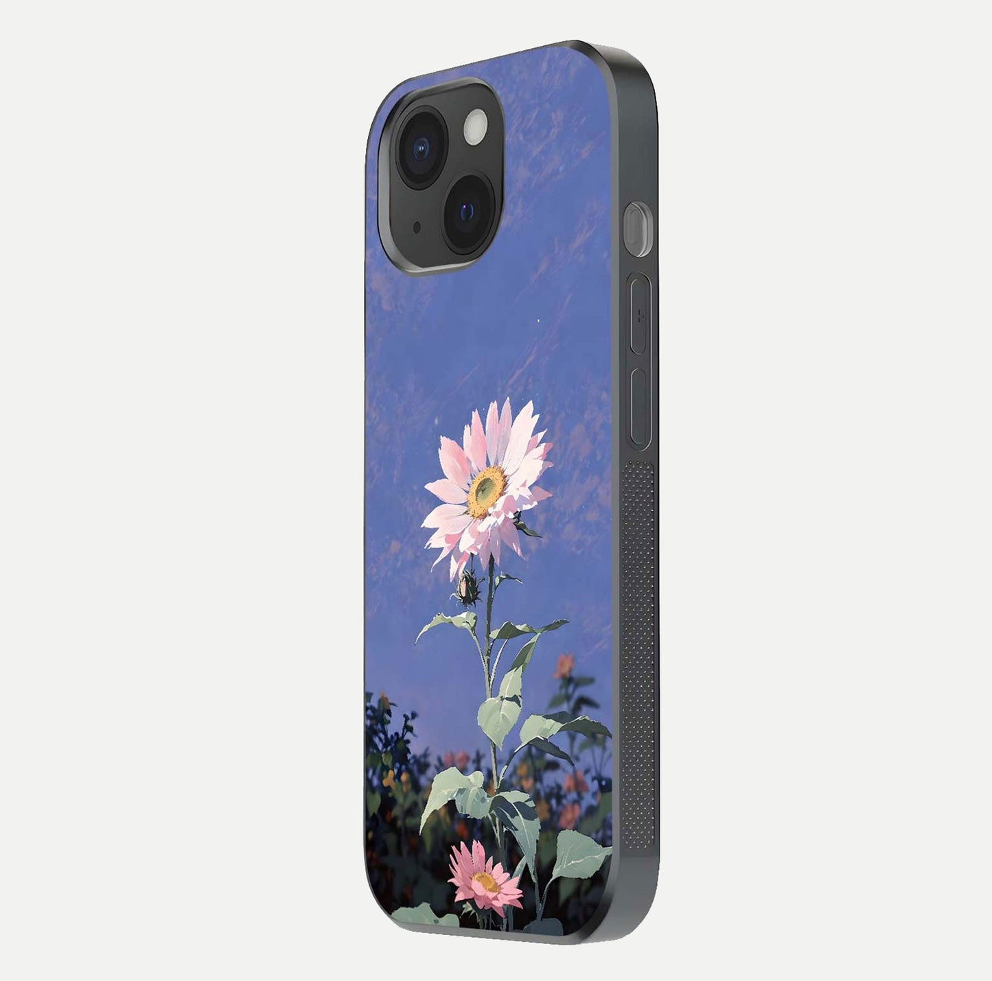 Pink Sunflower Glow Glass Case for iPhone 15 side-angle image showing glossy edges and vivid sunflower tones