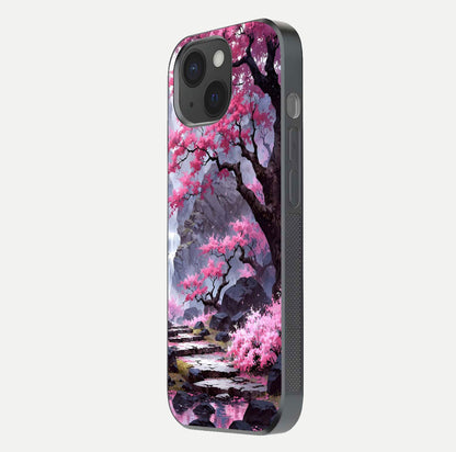Pinkish Scenery Glass Case for iPhone 15 side-angle image showing depth, gloss, and scenic details