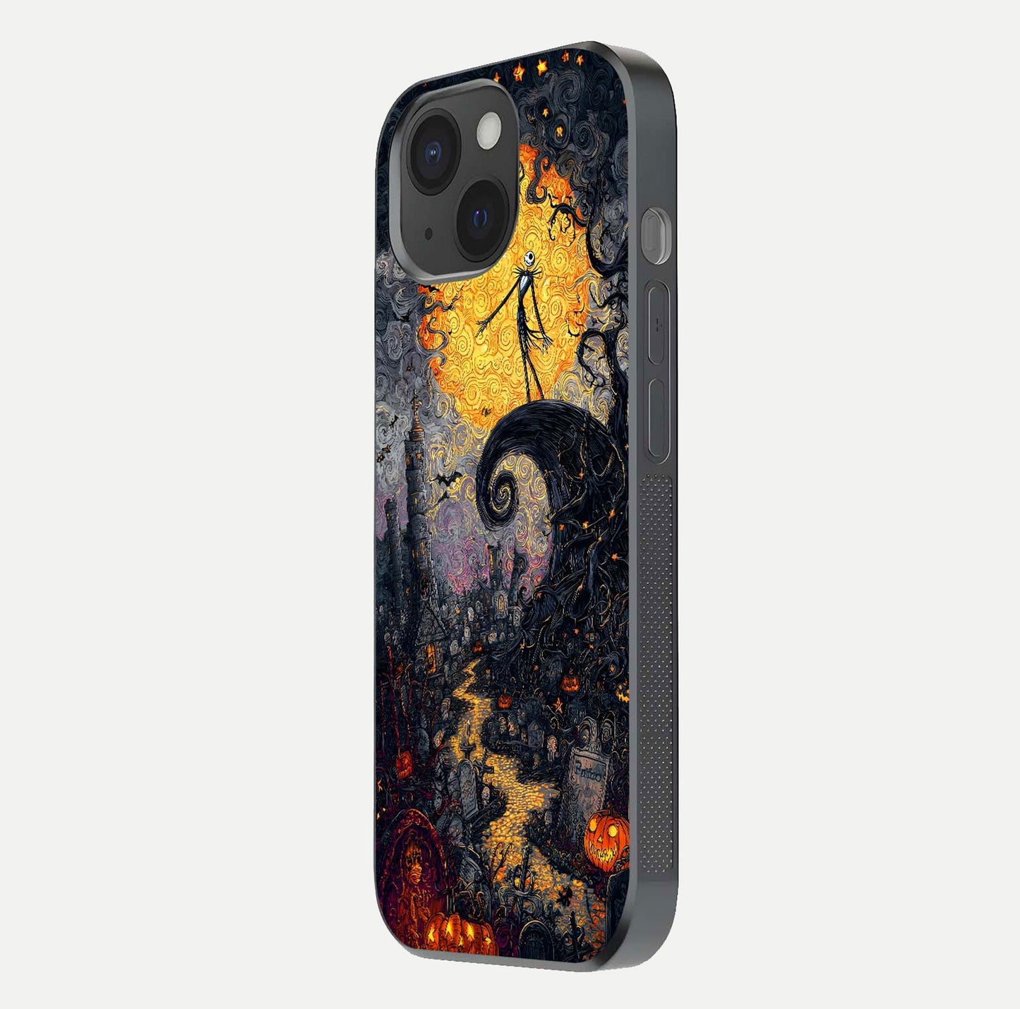Pumpkin Moon Night Glass Case for iPhone 15 side-angle image showing reflection depth and pumpkin pattern