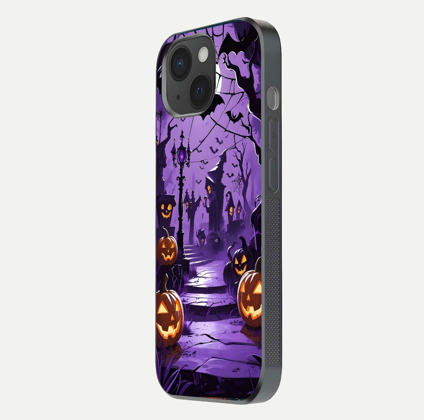 Pumpkin Patch Halloween Glass Case for iPhone 15 side-angle image showing shine, camera cutout, and spooky art