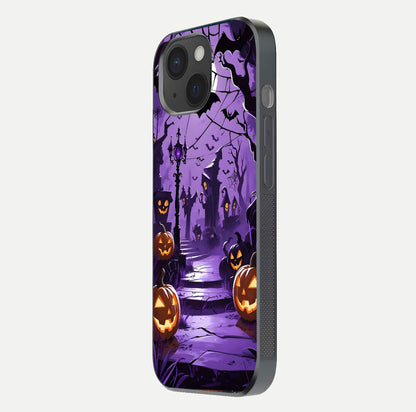 Pumpkin Patch Halloween Glass Case for iPhone 15 side-angle image showing shine, camera cutout, and spooky art