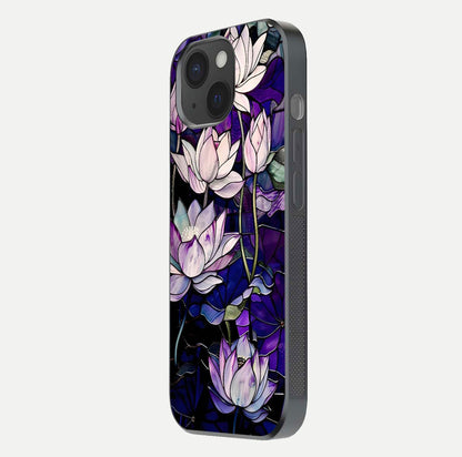 Purple Lotus Pattern Glass Case for iPhone 15 side-angle image showing reflection depth and lotus detail