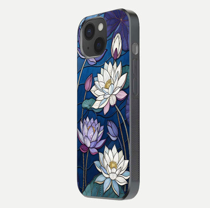 Purple Lotus Stained Glass Case for iPhone 15 side-angle image showing gloss, reflection, and intricate detailing