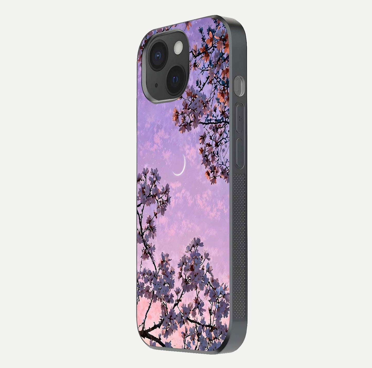 Purple Serenity Moon Glass Case for iPhone 15 side-angle image showing reflection and lunar art precision