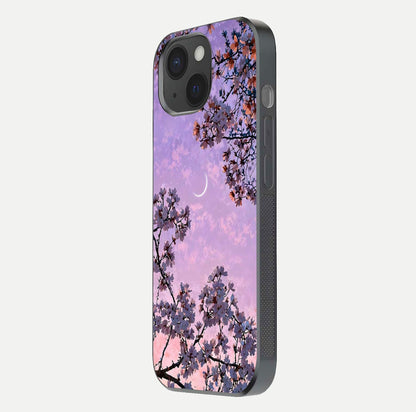 Purple Serenity Moon Glass Case for iPhone 15 side-angle image showing reflection and lunar art precision