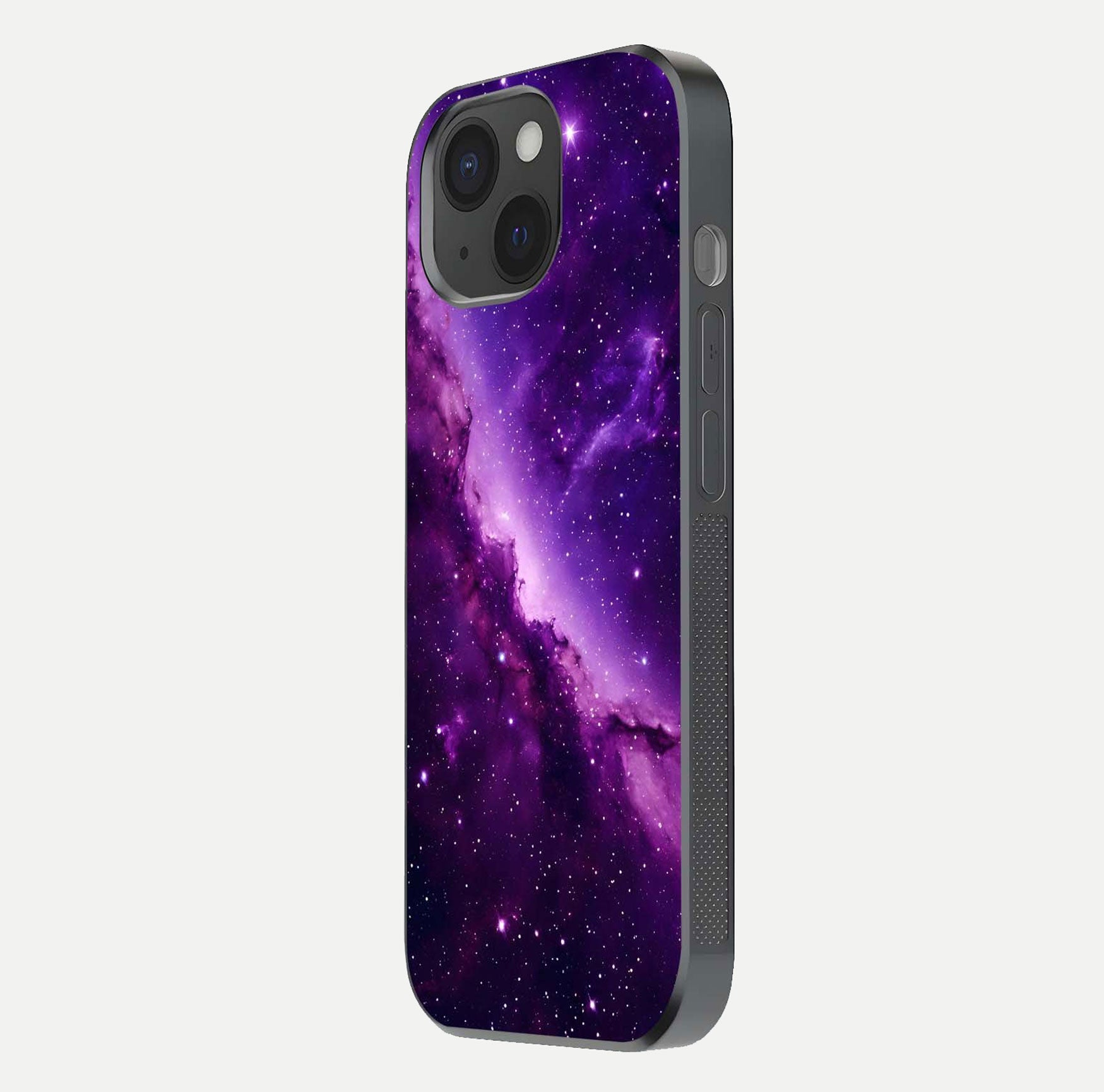 Purple Shade Sky Glass Case for iPhone 15 side-angle image showing shine and soft violet blend