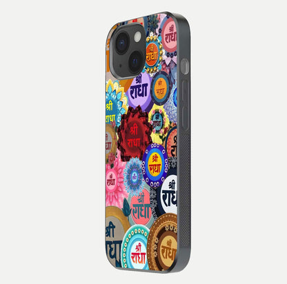 Radha Divine Bloom Glass Case for iPhone 15 side-angle image showing shine, reflection, and floral motif