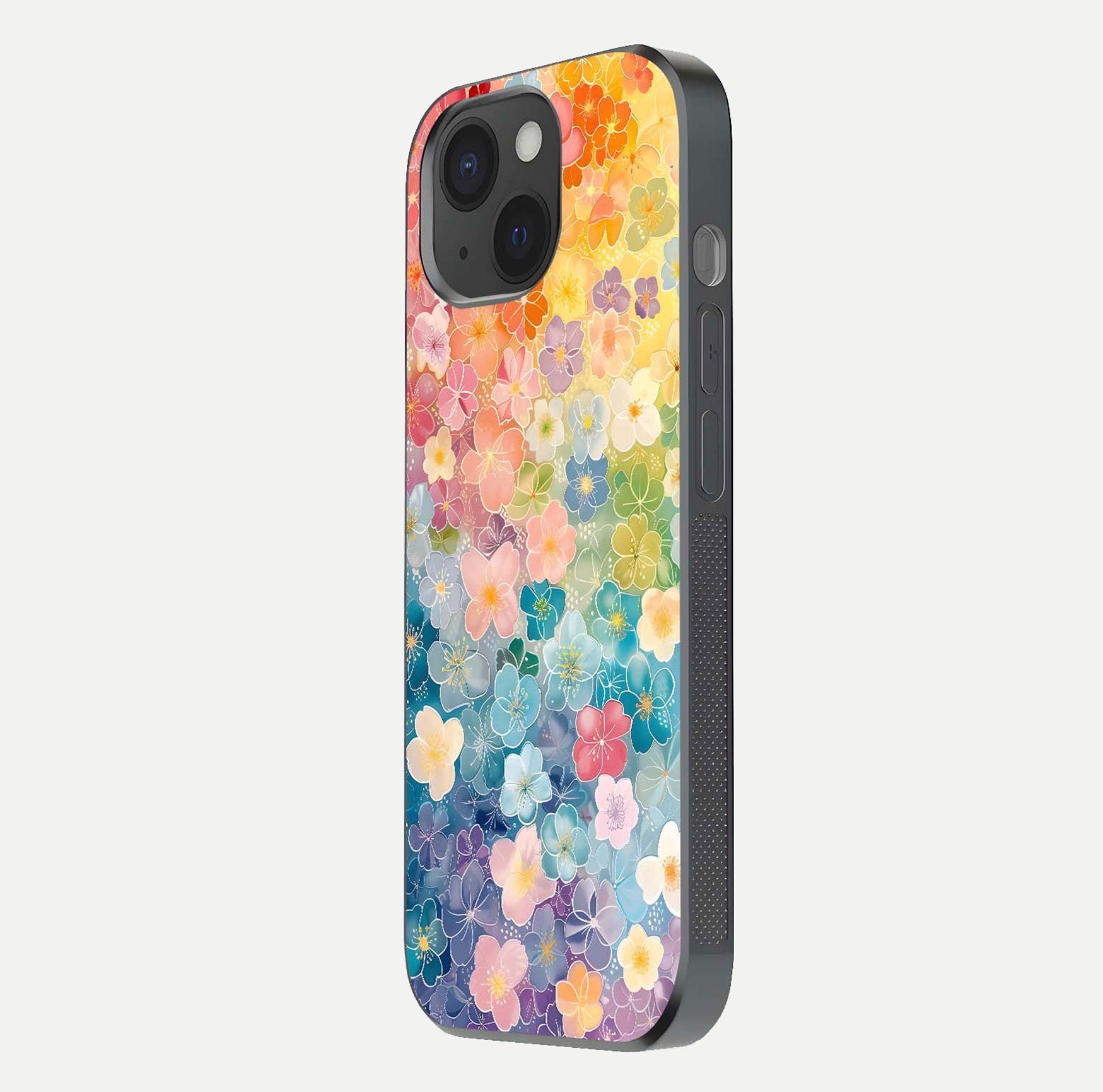 Rainbow Blossom Burst Glass Case for iPhone 15 side-angle image showing reflection and floral burst detail