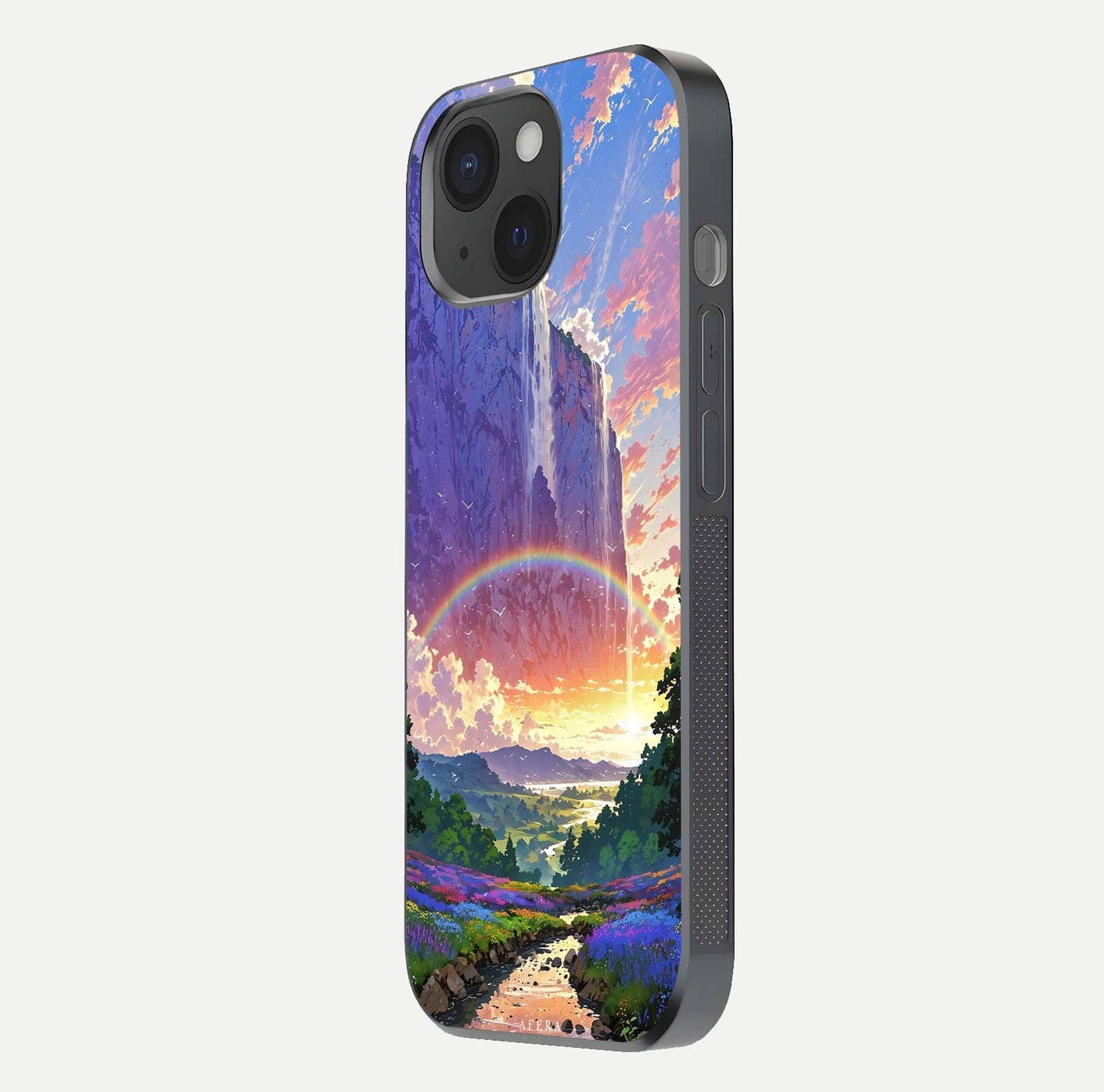 Rainbow Valley Dream Glass Case for iPhone 15 side-angle image showing light reflection and scenic tones