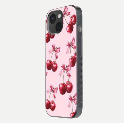 Red Cherries Pattern Glass Case for iPhone 15 side-angle image showing gloss surface and cherry details