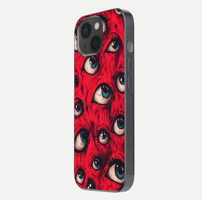 Red Eyes Pattern Glass Case for iPhone 15 side-angle image showing shine, detail, and red tone clarity
