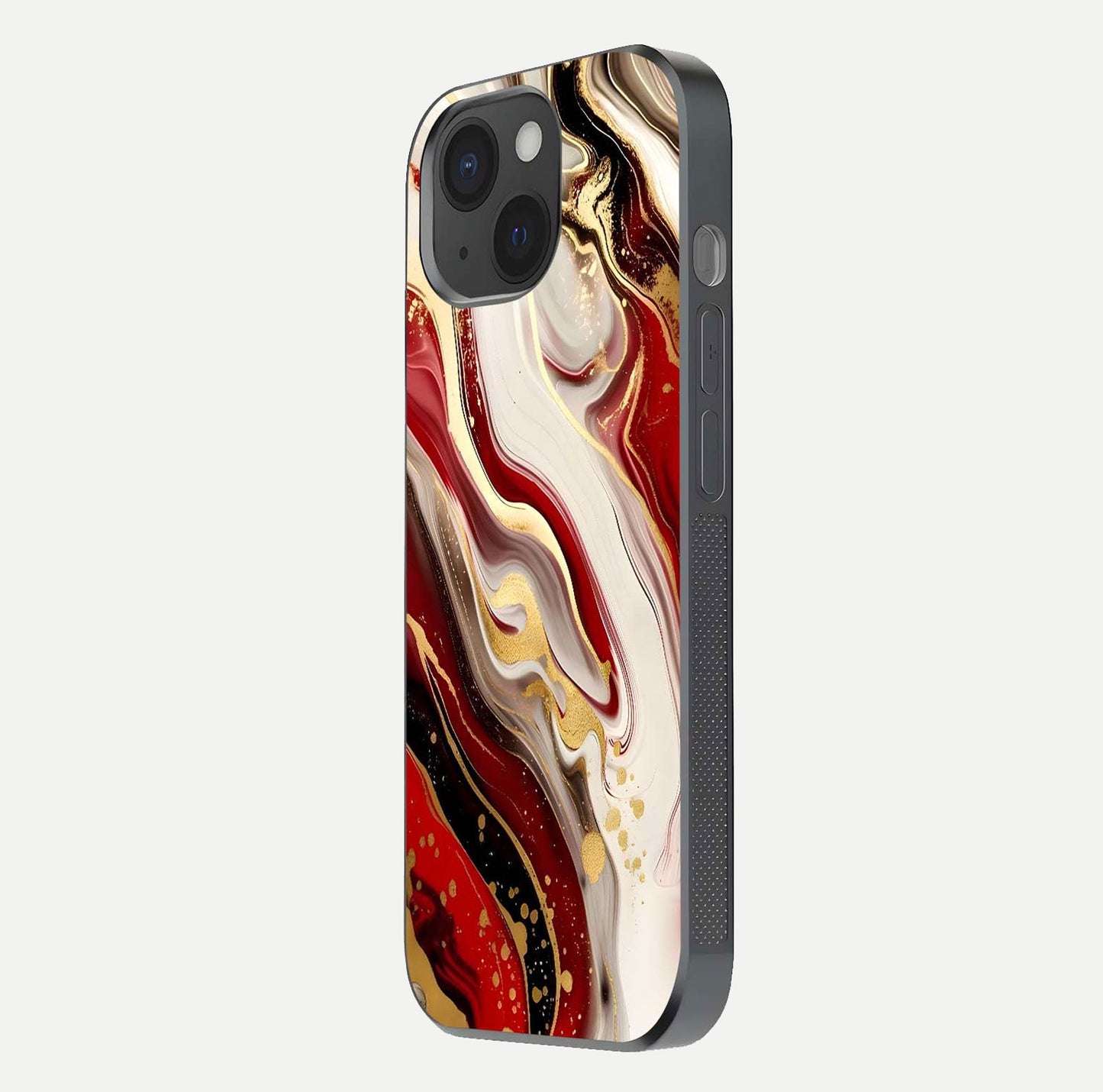 Red & White Marble Glass Case for iPhone 15 side-angle image showing shine and smooth marble finish