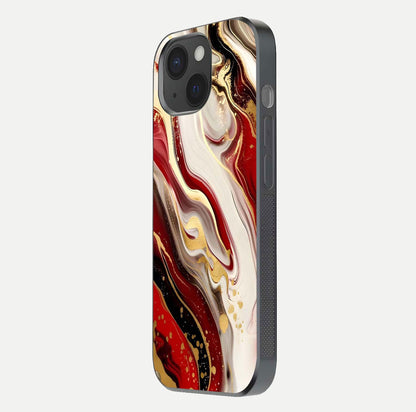 Red & White Marble Glass Case for iPhone 15 side-angle image showing shine and smooth marble finish
