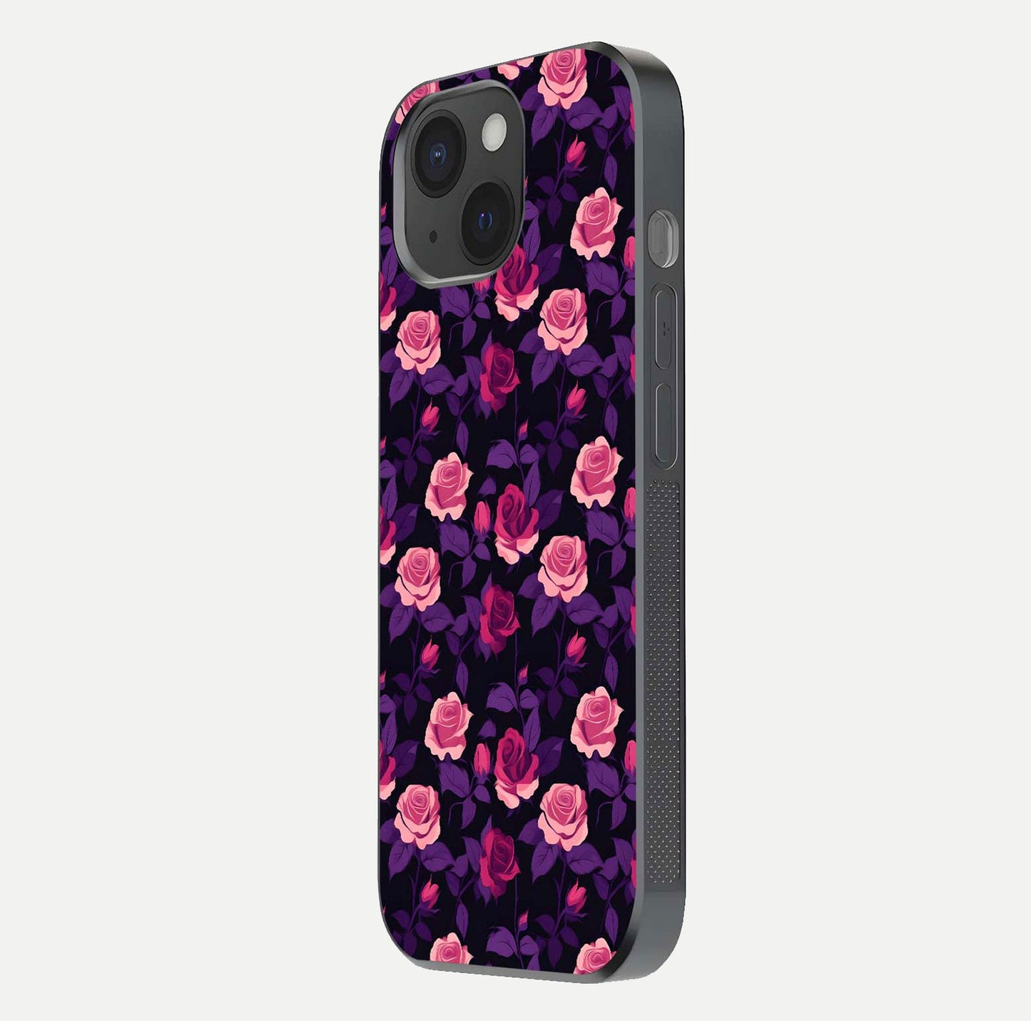 Rose Garden Twilight Glass Case for iPhone 15 side-angle image showing reflection, gloss, and floral detail