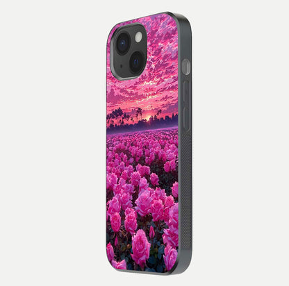 Rose Sunset Valley Glass Case for iPhone 15 side-angle image showing smooth edges and floral glow