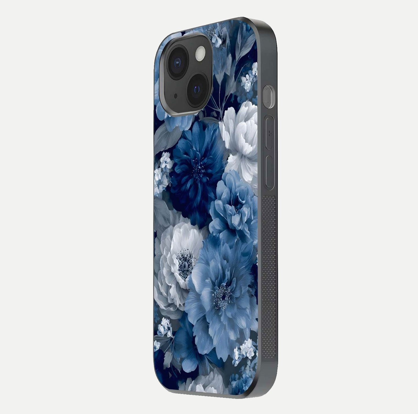 Royal Bloom Garden Glass Case for iPhone 15 side-angle image showing floral pattern, edges, and reflection