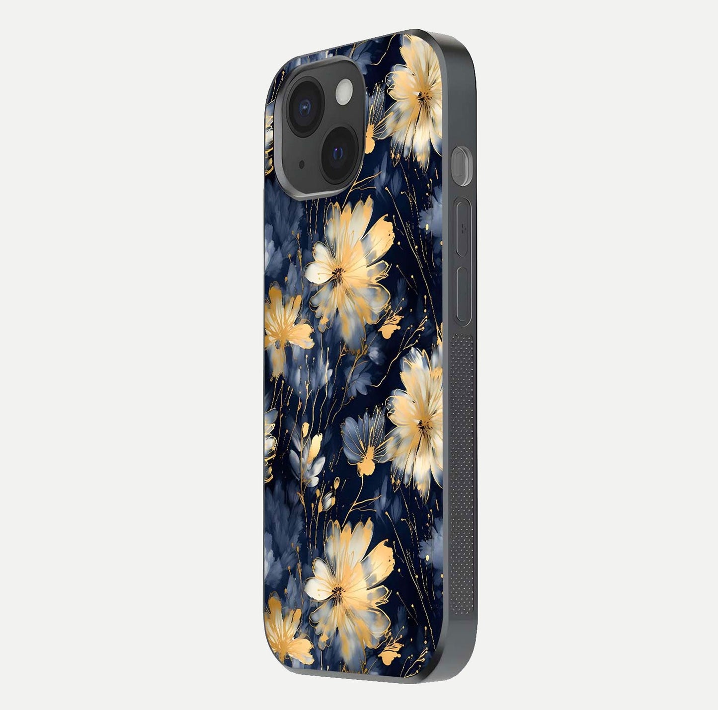 Royal Petal Dream Glass Case for iPhone 15 side-angle image showing smooth edges and royal bloom details