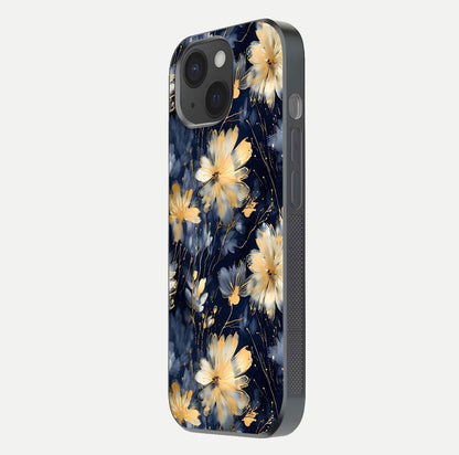 Royal Petal Dream Glass Case for iPhone 15 side-angle image showing smooth edges and royal bloom details