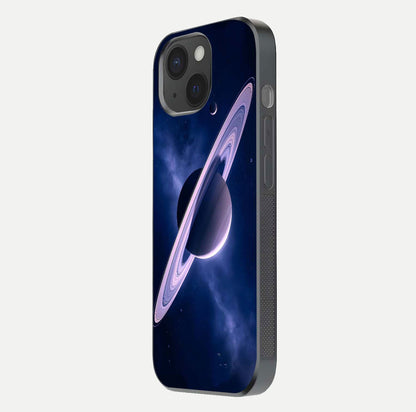 Saturn Ring Mystique Glass Case for iPhone 15 side-angle image showing shine and galaxy ring focus