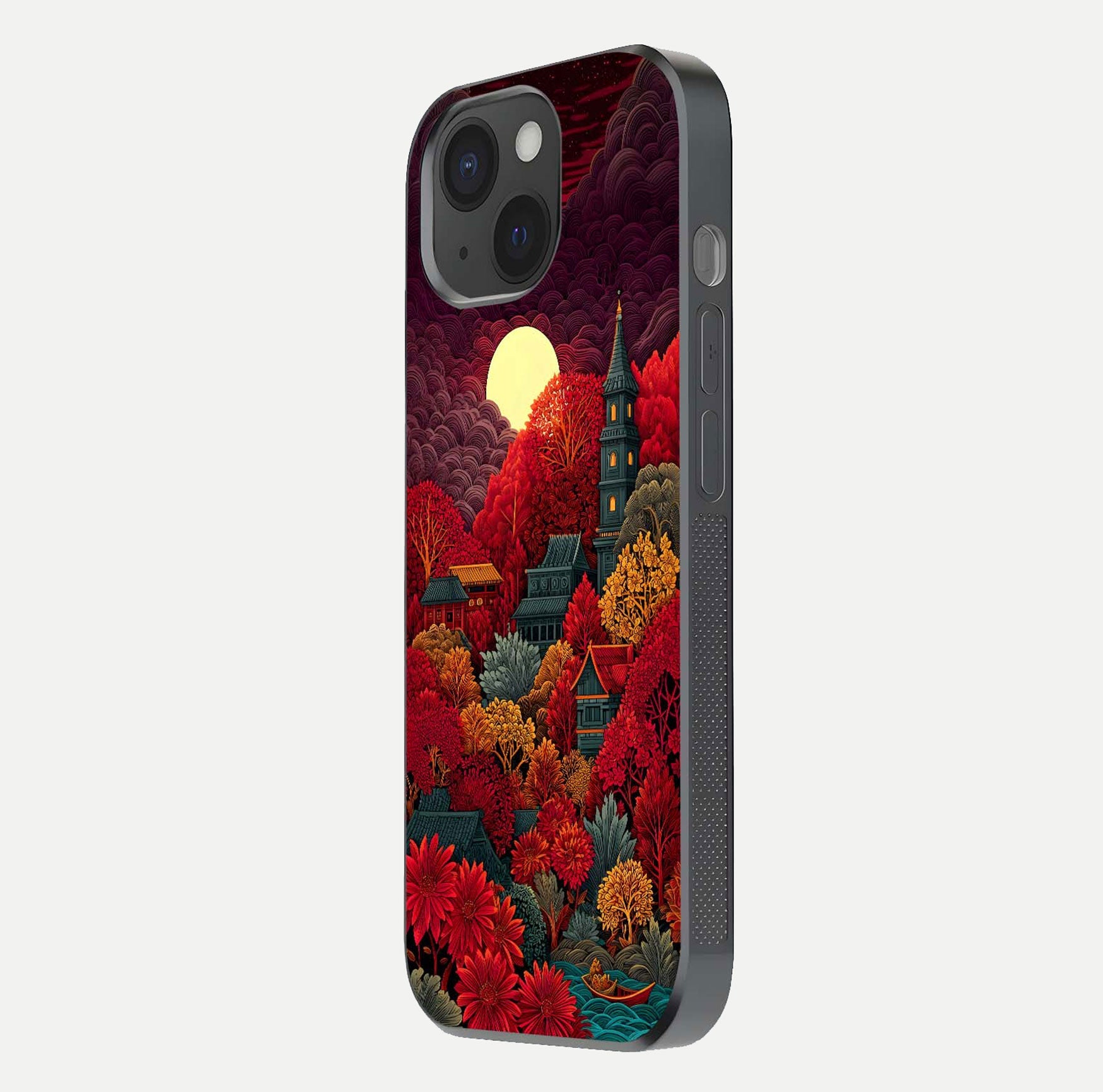 Scarlet Autumn Temple Glass Case for iPhone 15 side-angle image showing color depth and reflection clarity