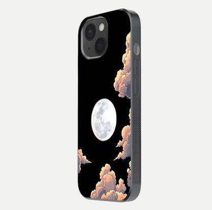 Shade Cloud Moon Glass Case for iPhone 15 side-angle image showing reflection and night-sky detail