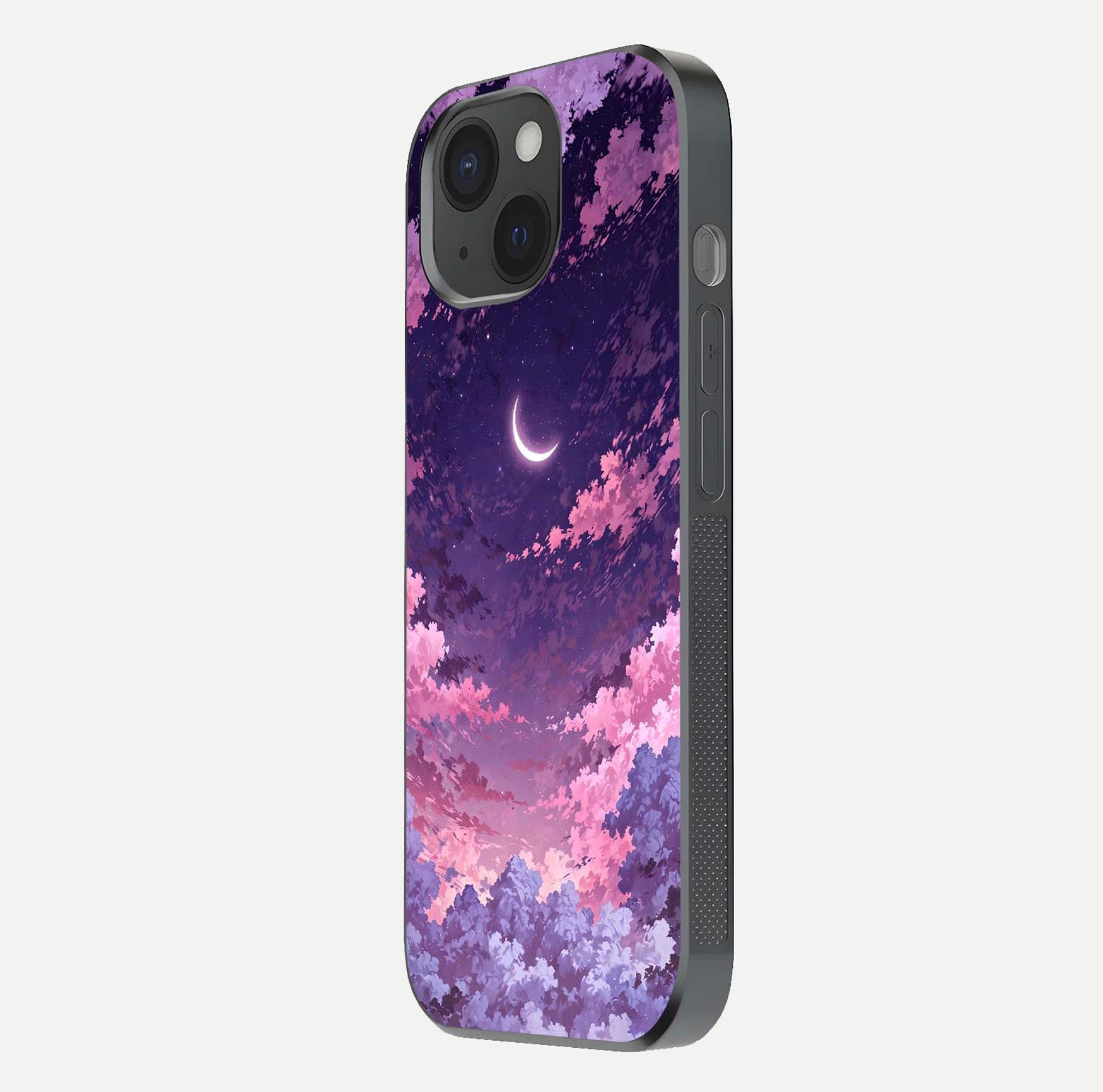 Sky Drift Clouds Glass Case for iPhone 15 side-angle image showing reflection, blue tones, and soft gradient