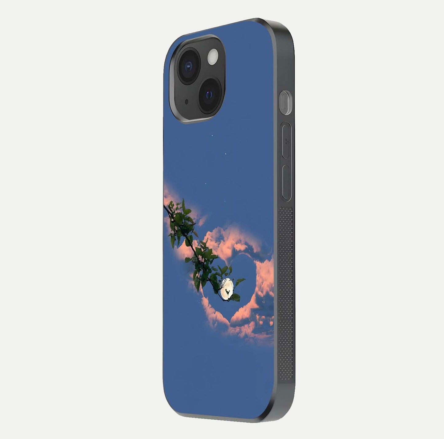 Sky Under Tree Glass Case for iPhone 15 side-angle image showing shine, edge texture, and scenic detail