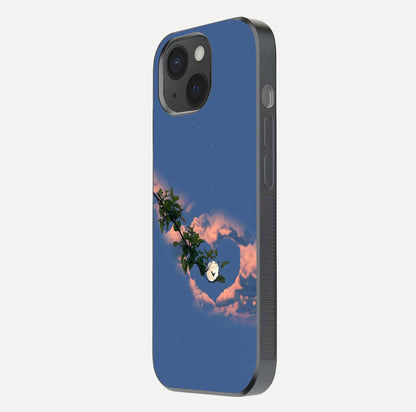 Sky Under Tree Glass Case for iPhone 15 side-angle image showing shine, edge texture, and scenic detail
