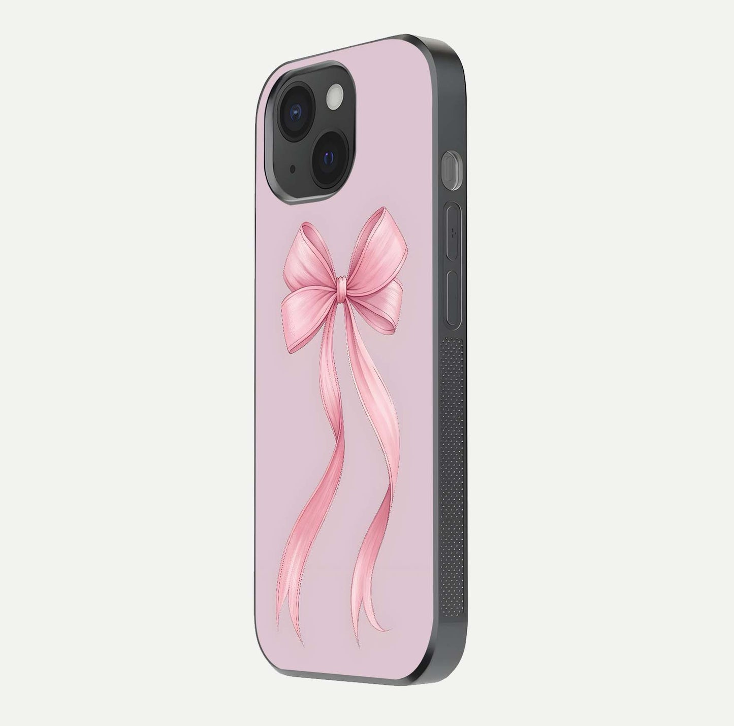 Soft Blush Bow iPhone 15  glass phone case side profile view focusing on sleek edges and seamless wrap