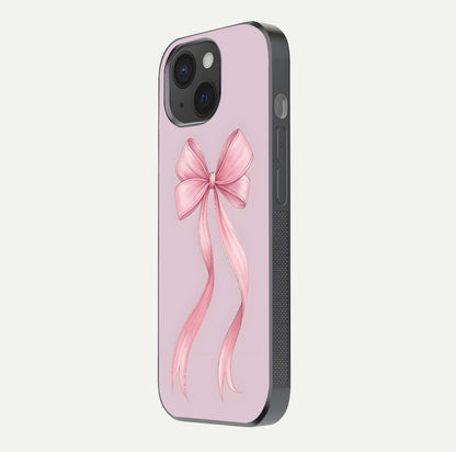 Soft Blush Bow iPhone 15  glass phone case side profile view focusing on sleek edges and seamless wrap