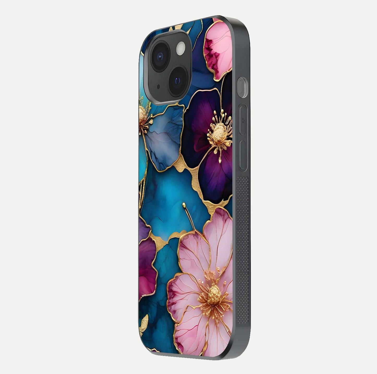 Sparkle Floral Glass Case for iPhone 15 side-angle image showing reflection, gloss, and floral texture