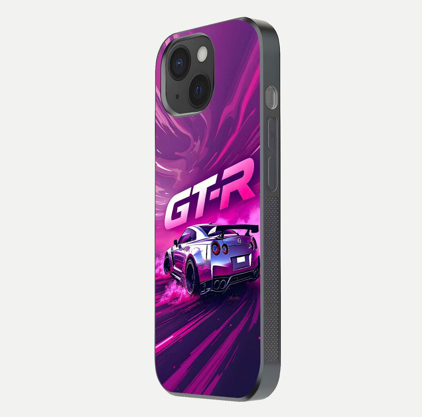 Speed Drift Legend Glass Case for iPhone 15 side-angle image showing car print reflection and surface gloss