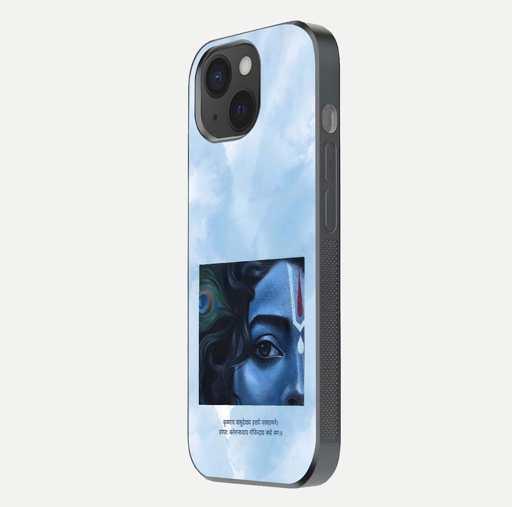 Spiritual Krishna Glass Case for iPhone 15 side-angle image showing reflection and vivid artwork clarity